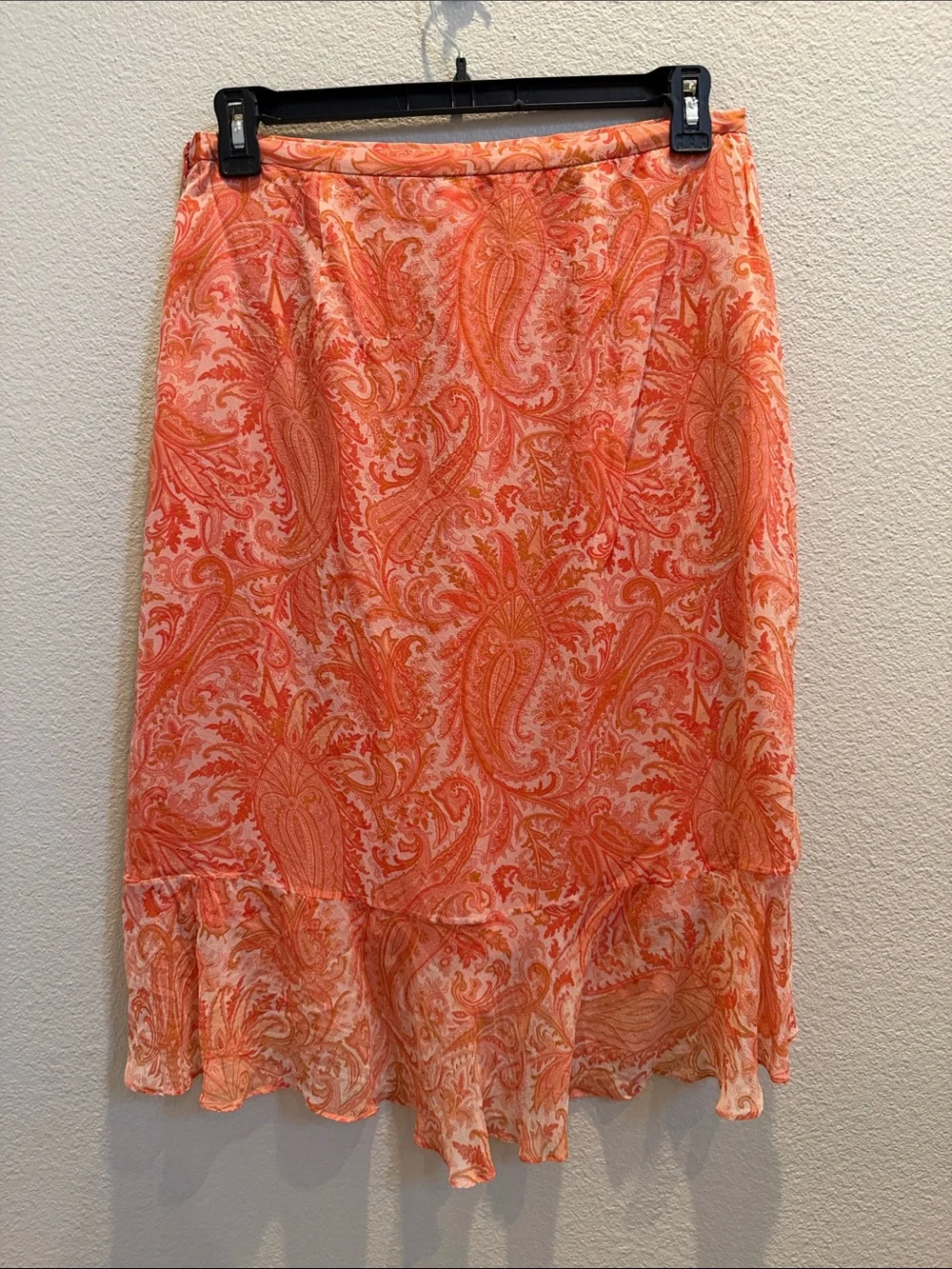 Banana Republic Women’s Coral & Orange Paisley High-Low Ruffle Skirt 100% Silk